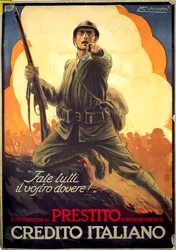 Italiensk propagandaplakat fra Første Verdenskrig, der reklamerer for krigsobligationer