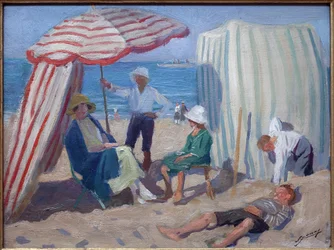 På stranden. Maleri af Lucien Jonas (1880-1947), olie på træ 1920, fransk kunst, 20. århundrede. Musee la piscine, Roubaix.