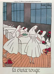 Røde Kors-sygeplejersker, der tager sig af sårede soldater under 1. Verdenskrig, ca. 1915 (farve litho)