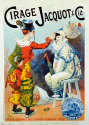Annoncering for Jacquot polish. To klovne gør op med polish. Tegning af Lucien Lefevre (1850-?). 1894 Paris. Arts Decoratifs - Annonce for voks Jacquot: To klovne, der sminker med skosværte, af Lucien Lefevre