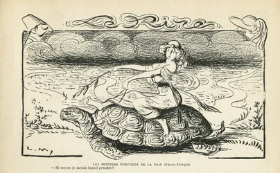 Illustration i Le Rire, 05/10/12 - Fredens snoede veje Italo tyrkisk - Krig, Tyrkiet, Italien, Fred - Skildpadde - Animation, Allegori (gravering)
