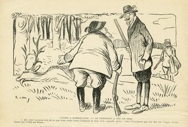 Illustration i Le Rire, 05/12/08 - Jagt i Rambouillet - Naturvegetation, Jagtjæger, republikkens præsident, Rambouillet - Clemenceau Georges, Fallieres Armand (1841-1931), Hjorte