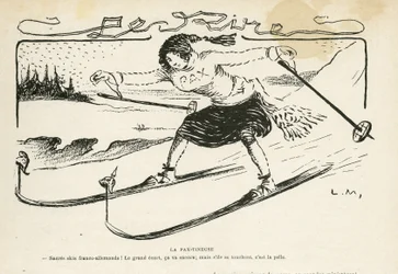 Illustration i Le Rire, 24/02/12 - La pax-tineuse - Tyskland Preussen, Sport, Fred, Ski, Sne, Fransk-tyske forhold, Første Verdenskrig - Marianne - Sport, Allegorie (gravering)