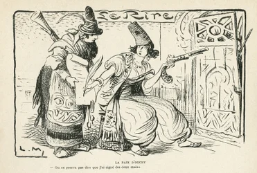 Illustration i Le Rire, 26/10/12 - Freden i Ouchy - Balkan, Schweiz, krig 14-18, traktat for Lausanne (gravering)