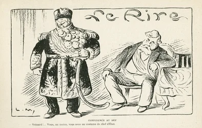 Illustration i Le Rire, 27/07/12 - Tillid til beyen - Kolonisering - Fallieres Armand (1813-1941), Naceur Bey (Mohamed el-Naceur Bey) (1855-1922) (gravering)