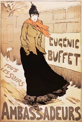 Vintage plakat af den franske sangerinde Eugenie Buffet, der går i sneen
