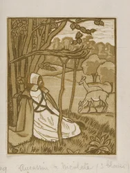 Piger siddende under træ med hjorte, trægravering af Lucien Pissarro, c1880-1940