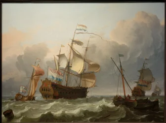 Et hollandsk flagskib med en yacht foran agterstavnen