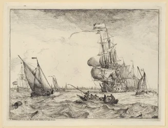 En pram og flere sejlskibe på et stormfuldt hav ud for Amsterdam, blad 4 fra serien «Søstykker med udsigter over IJ, Amsterdam, Rotterdam og Katwijk» (Hollstein nr. 1-10)