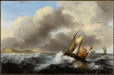 Fiskerfartøjer offshore i et tungt hav, 1864