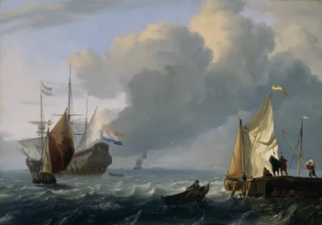 Hollandsk fregat og andre skibe ud for kysten, ca. 1690 (olie på egetræspanel)