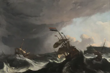 Krigsskibe i en kraftig storm Krigsskibe i en kraftig byge