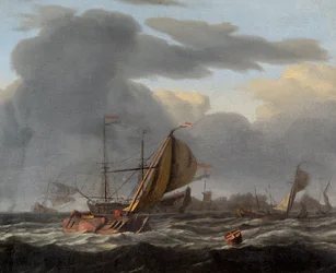 Et krigsskib for anker i et barsk hav (olie på lærred)