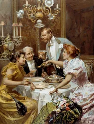 Smuk tid: "" den fine aftensmad""" To par i en privat lounge drikker champagne. Illustration af Ludovico Marchetti (1853-1909) 1893 Privat samling