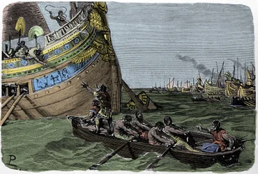 Marc Antoine (83-30 f.Kr.) slutter sig til Cleopatre (51-30 f.Kr.) på flugt efter nederlaget i slaget ved Actium den 2/09/31 f.Kr., illustration af Ludovico Pogliaghi fra "Storia d