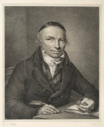 Johann Joachim Bellermann, brystbillede ved et bord med en signetring i hånden