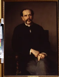 “Portræt af en mand” Han er klædt i sort jakkesæt med en signetring på fingeren. Maleri af Ludwig Knaus (1829-1910). Ivan Kramskoy Kunstmuseum (eller Kramskoi) i Voronezj (Voronezh), Rusland.