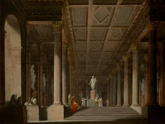 Interiør af et fiktivt gammelt tempel med et brændoffer til Apollo