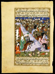 ""Slaget ved Uhud (Ohod): "" profeten Muhammeds (eller Muhamad eller Muhammeds) hær (570-632) mod den mekkanske klan af Quraychites"" Miniature taget fra ""Siyer-i Nebi"" (Siyer) i Nebi) episk digt om profeten Muhammeds liv skrevet af Mustafa, fi
