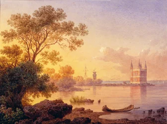 Udsigt over den lyserøde pavillon (Ozerki) i Peterhof (Sankt Petersborg). Værk af Luigi Premazzi (1814-1891), akvarel på papir. Italiensk kunst fra det 19. århundrede, akademiisme. Statens Friluftsmuseum Peterhof, Sankt Petersborg.