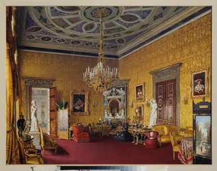 Lyons Hall (den gule tegnesal) i Tsarkoje Selos store palads (Rusland). Værk af Luigi Premazzi (1814-1891), akvarel på papir
