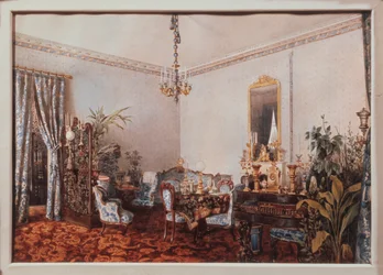 Tegnestuen i Varvara Obreskova-huset. Værk af Luigi Premazzi (1814-1891), akvarel på papir