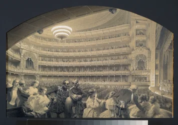 Auditoriet til Bolchoi Kammeny kejserlige teater i Sankt Petersborg. Kunstværk af Luigi Premazzi (1814-1891), akvarel og hvidt på papir, ca. 1850. Italiensk kunst
