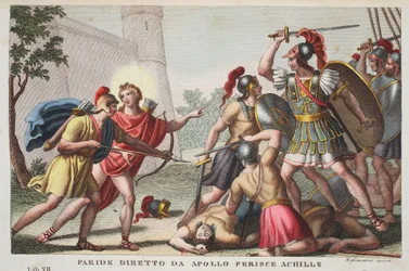 Paris dræber Achilleus eller Paris, ledet af Apollon, sårer Achilleus, bog XIII, illustration fra Ovids Forvandlinger, Firenze, 1832