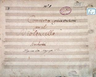 Første side underskrevet af forfatteren af partituret til Koncert for cello og orkester i Es, af Luigi Boccherini