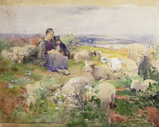 En hyrdinde med sin flok,