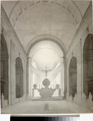 Indvendigt billede af en kirke (Tegning og akvarel, ca 1825)