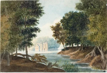 Landskab med flod og villa (akvarel, ca. 1825)