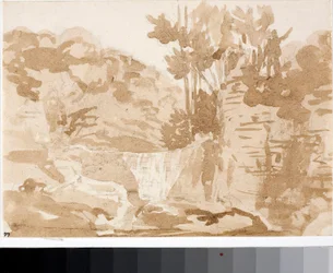 Landskab med vandfald ved Settignano, Toscana (Akvarel, ca. 1820)