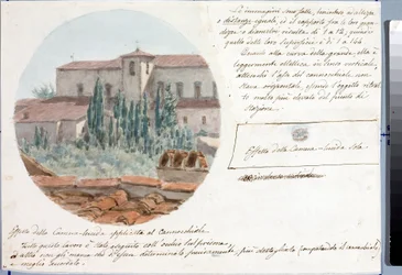 Teleskopudsigt over San Salvatore al monte kirke nær Firenze (Tegning og akvarel, ca 1833)