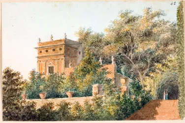 Udsigt over Villa Pallavicini delle Peschiere, Genova (Akvarel, ca. 1825)