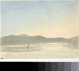Udsigt over en sø ved daggry (Akvarel, ca. 1825)