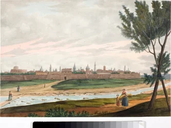 Udsigt over en befæstet by, sandsynligvis Lucca i Toscana (blæk og akvarel, ca. 1820)