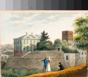 Udsigt over bastioner og Santo Stefano klokketårn, Genova (akvarel, ca 1825)