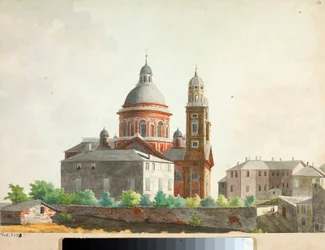 Udsigt over basilikaen Santa Maria Assunta di Carignano i Genova (akvarel