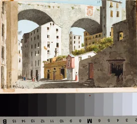 Udsigt over broen Carignano i Genova (Tegning og akvarel, ca 1825)