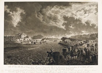 Udsigt over broen Pila i Genova, efter oversvømmelsen af Bisagno-floden den 26/10/1822 (Etching, ca. 1822)