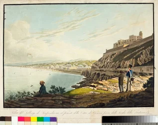 Udsigt over distriktet Sampierdarena vest for Genova fra fyrtårnet. (Etching, ca. 1813-1814)
