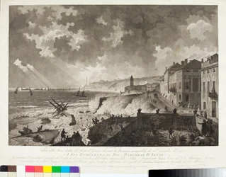 Udsigt over havnen i Genova under stormen den 25/12/1821 (gravering, ca. 1821)