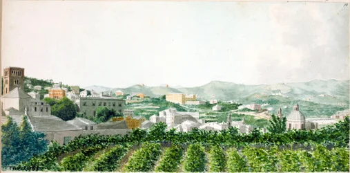 Udsigt over byen Genova med Santo Stefano klokketårn (akvarel, ca 1825)