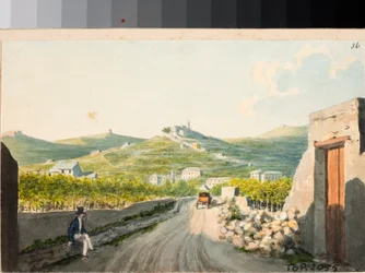Udsigt over helligdommen Nostra Signora del Monte, Genova (Akvarel, ca 1825)