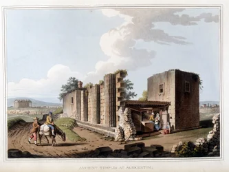 Gammelt tempel i Agrigento i Italien. i "" Udsigter i det osmanniske herredømme, i Europa, i Asien og nogle af middelhavsøerne"" fra de originale tegninger taget af Luigi Mayer, London