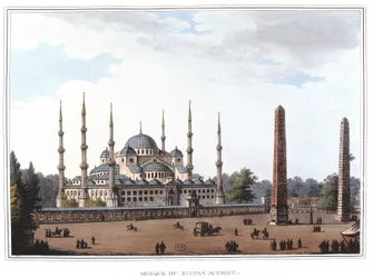 Sultan Ahmeds moské (1609-1616), Istanbul. i "" Udsigter i de osmanniske dominioner, i Europa, i Asien og nogle af middelhavsøerne""" fra de originale tegninger taget af Luigi Mayer, London