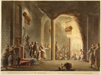 Underjordisk kirke i Betlehem, fra "Views of Palestine", Vol.II, udgivet af R. Bowyer Historic Gallery, London, 1803 (farvet akvaratint)