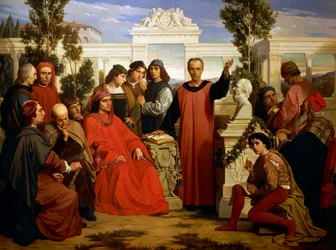 Fødselsdag og parentalia af Platon (428 f.Kr.-348 eller 427 eller 347 f.Kr.), fejret i Villa di Careggi af Lorenzo Magnificent