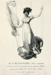 Portræt af den franske ballonfarer Sophie Blanchard under hendes flyvning i Milano, Italien, 1811